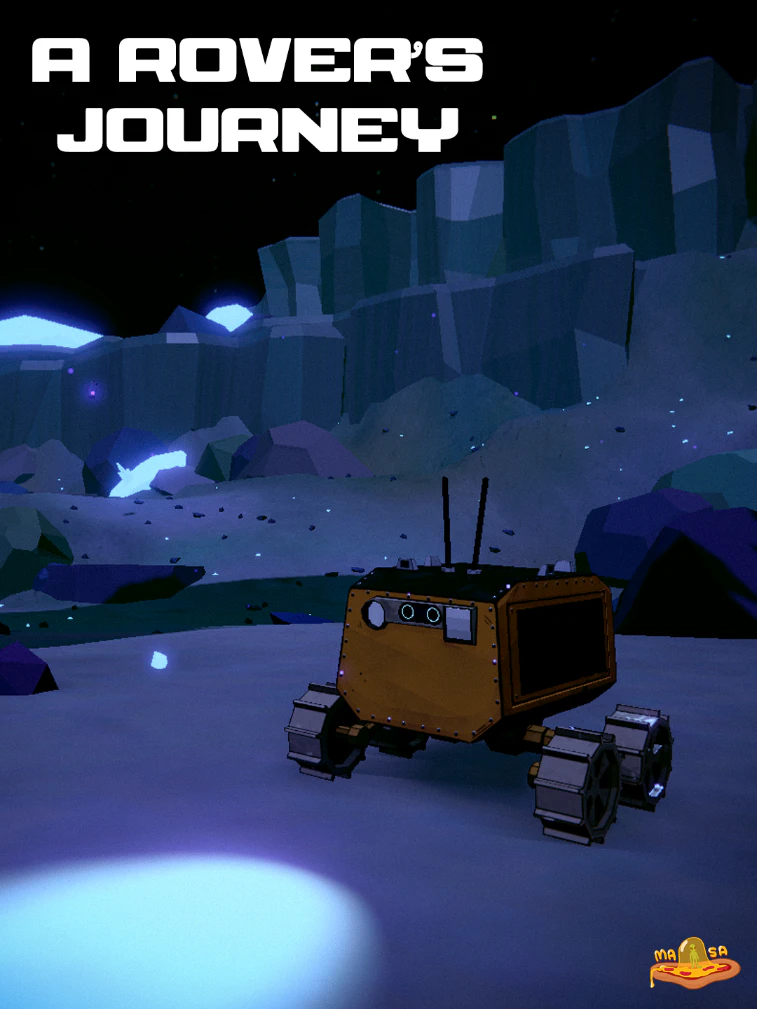 Cover art for A Rover’s Journey showing the four-wheeled Roo-ver on a blue-lit alien landscape, with the game title above and the MASA logo at lower right.